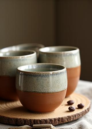 Tasses et bols en grès faits main.