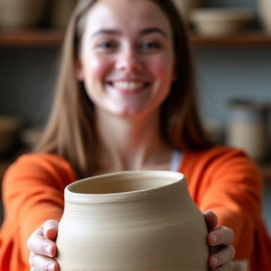 Élève présentant fièrement sa première poterie réussie.