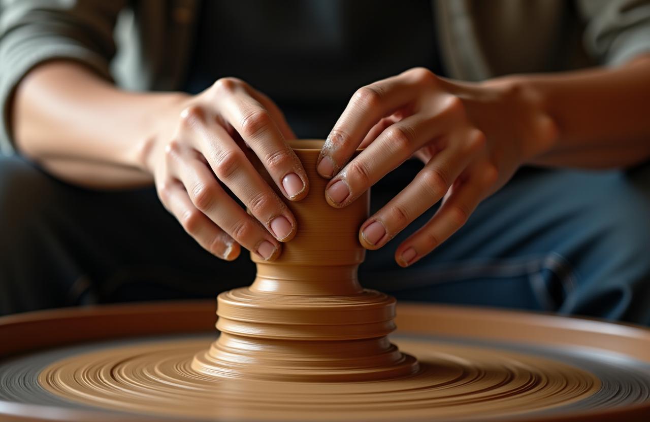 Mains d'un artisan modelant de l'argile sur un tour de potier.
