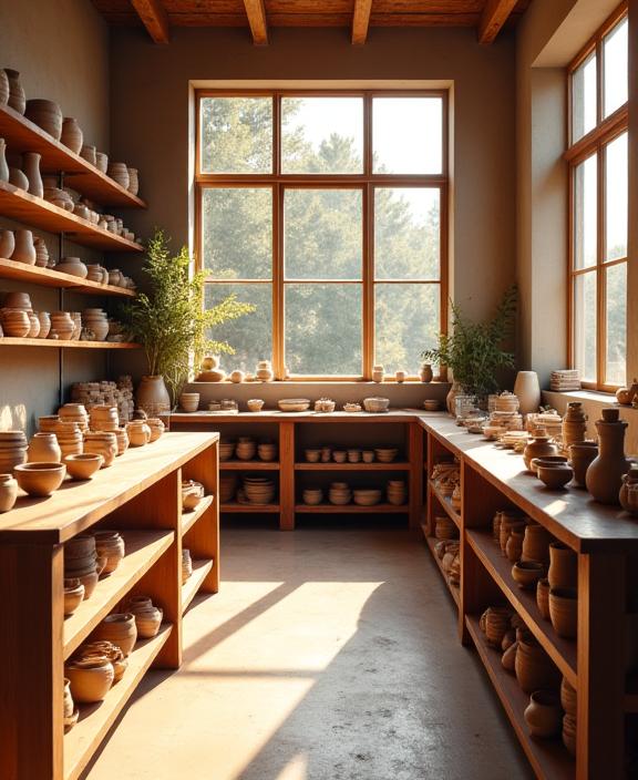 Vue intérieure de l'atelier Argile & Feu Paris, avec des poteries sur des étagères.